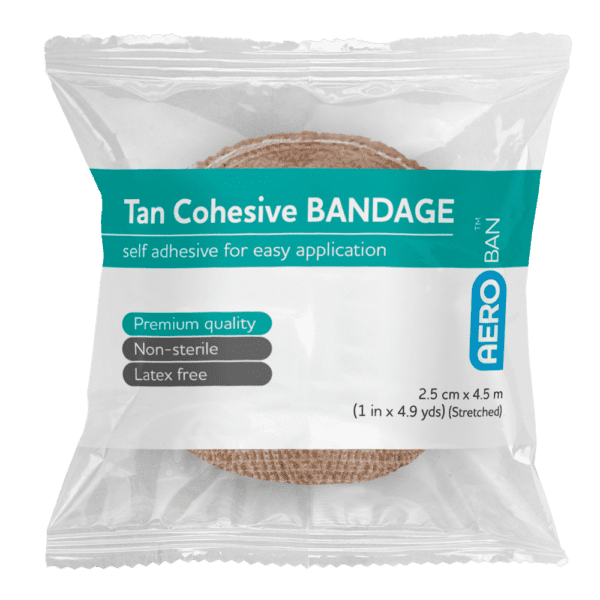 AEROBAN Tan Cohesive Bandage 2.5cm x 4.5M Wrap/12 - Customers also search for: E.Z. BAN ECB1581-SCLF E.Z. Ban Wrap Cohesive Elastic Bandage,2.5cm x 2 metres stretch to 4.5 metres,Tan,Each