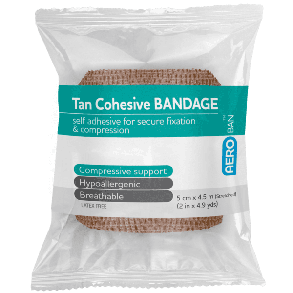 AEROBAN Tan Cohesive Bandage 5.0cm x 4.5M Wrap/12 - Customers also search for: E.Z. BAN ECB1581-SCLF E.Z. Ban Wrap Cohesive Elastic Bandage,2.5cm x 2 metres stretch to 4.5 metres,Tan,Each