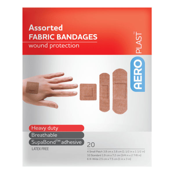 AEROPLAST Premium Fabric Assorted Dressings Env/20 - Customers also search for: bandaid,fabric strip,First Aid Only H119 3/4"x3" Heavy Woven Fabric Bandages,100/box,Medique 61433 7/8" x 3" Flexible HW Strip Bandages,Trafalgar 42510 ELASTOPLAST FABRIC STRIPS PK100,P13 P13,Adhesive Plasters,Fabric,72 x 19mm,100pk,44003 Bandaid  Dressing Strip 7.5cm x 1m,BAF501 AEROPLAST Fabric Dressing Strips 100 pack